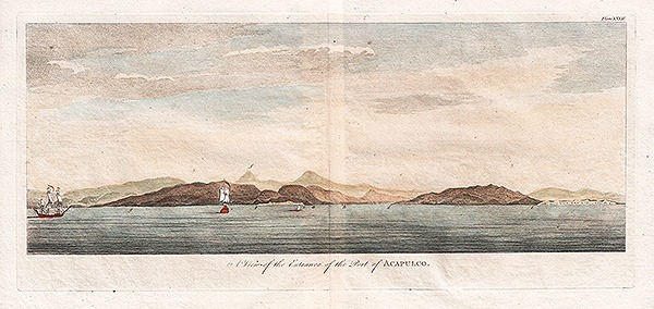 An antique line engraving of the Mexican port city of Acapulco